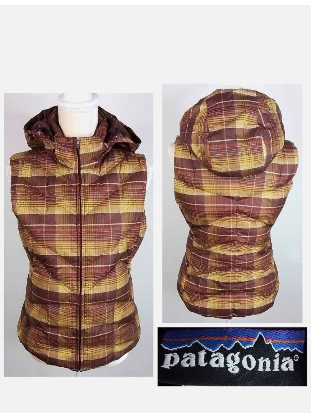Patagonia Down Hooded Quilted Vest in Headlands Plaid Sz.L